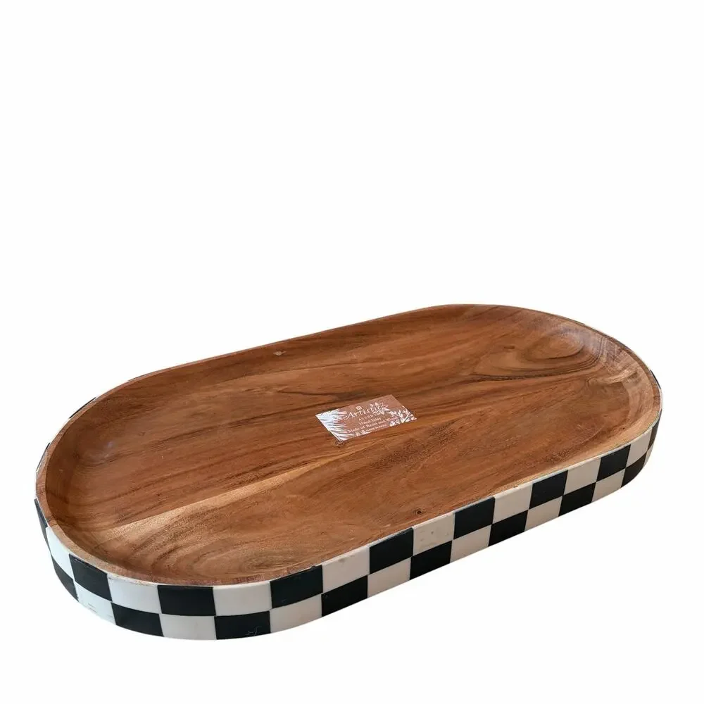 Black & White Checkered Enameled Mango Wood Serving Tray 17x9 Made In India NEW